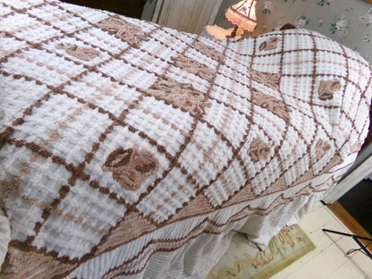 Vintage full size chenille bedspread, chocolate brown roses, boxed & fitted design