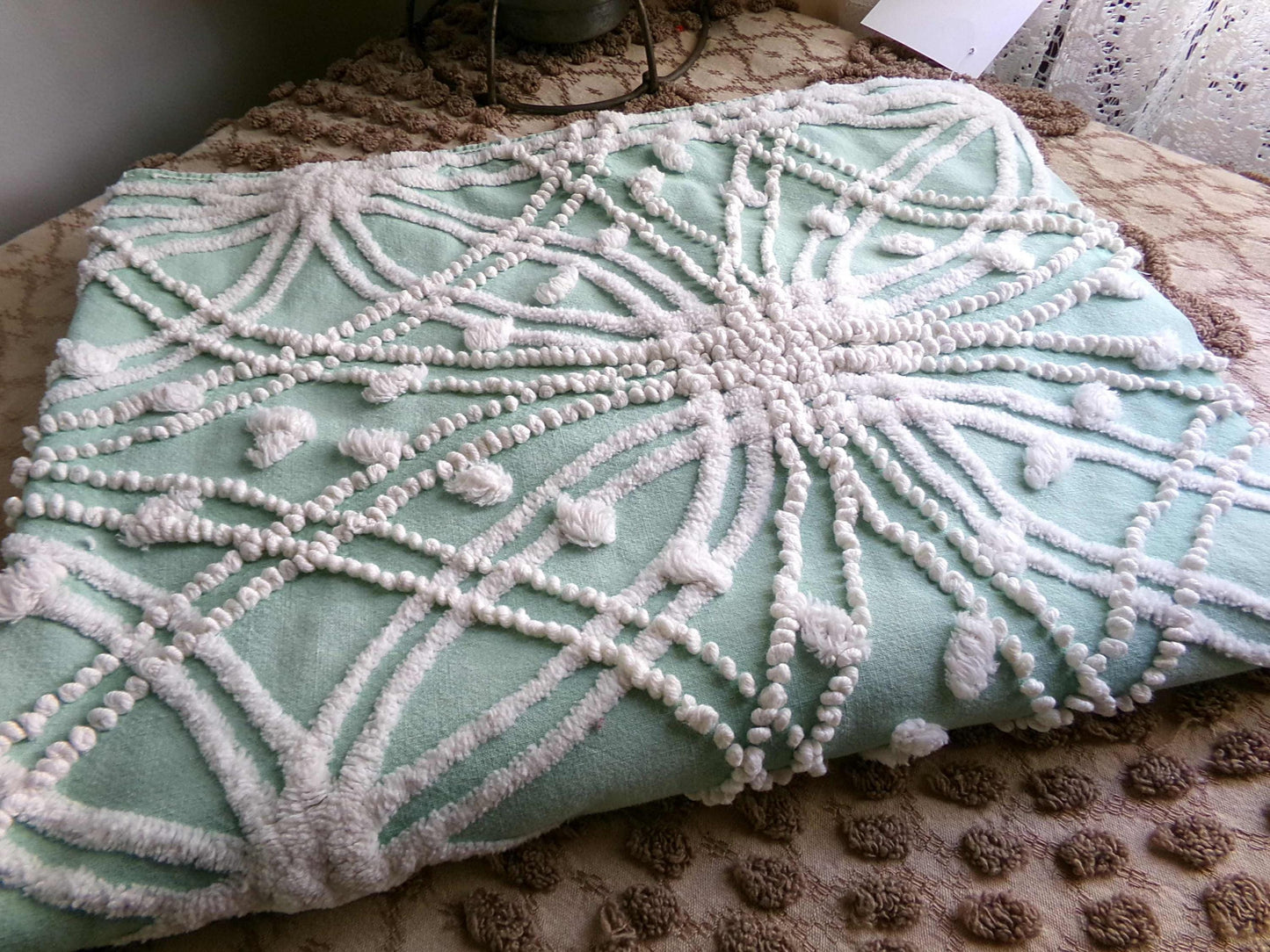 chic jade green vintage chenille fabric, white spider web design, 20" x 26" inch piece for quilting material & sewing