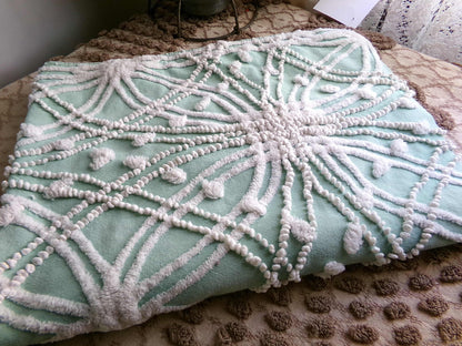chic jade green vintage chenille fabric, white spider web design, 20" x 26" inch piece for quilting material & sewing