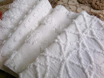 Snow White Chenille Fabric Squares Set, Rotary Cut from Vintage Bedspread Fabric, 16 Blocks, 6" x 6" inch ea, Dots, Pops, Diamond Patterns