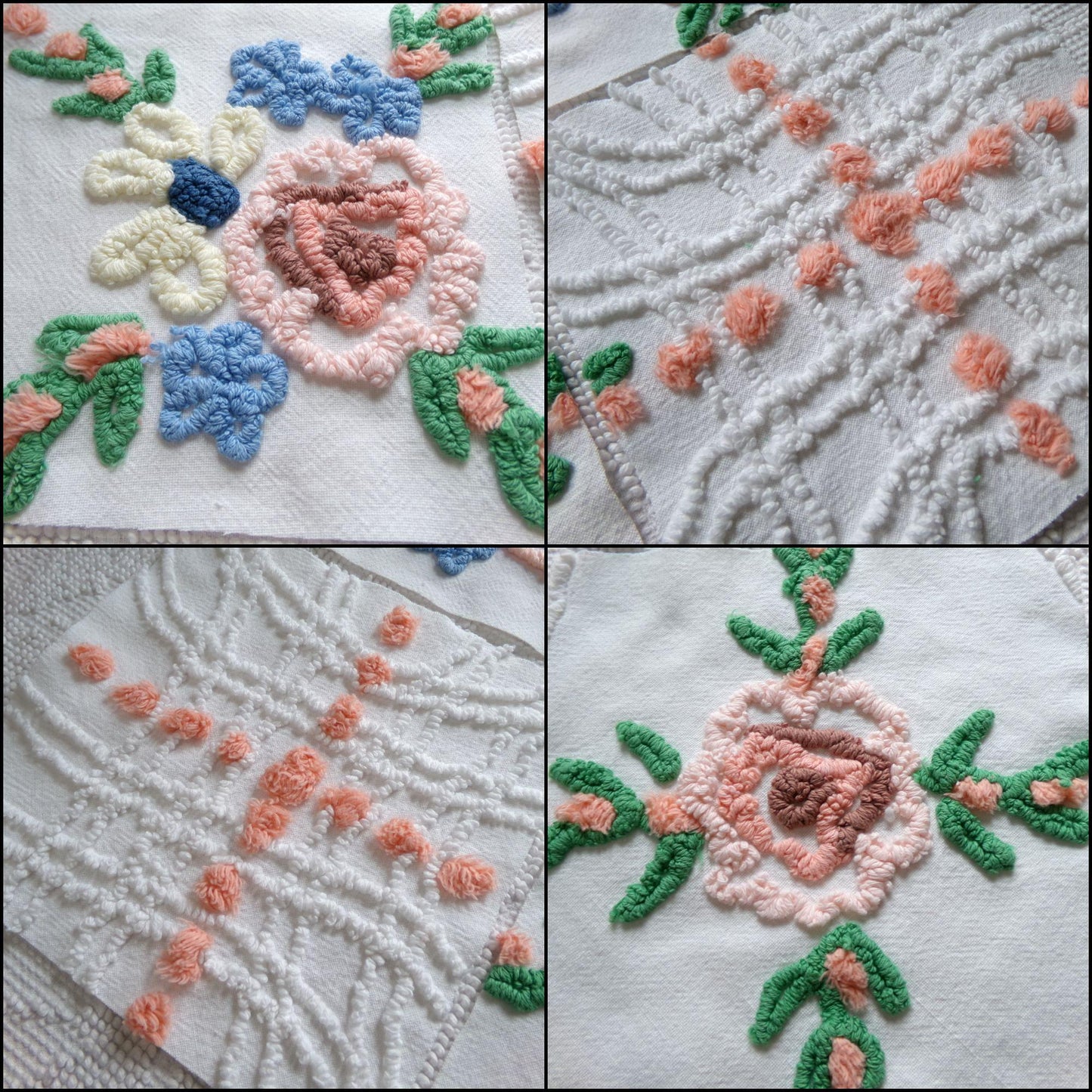 summer garden chenille fabric squares, set of 6 vintage 7.5" quilt blocks, peach, white rose floral & geometric for sewing, crafts, quilting