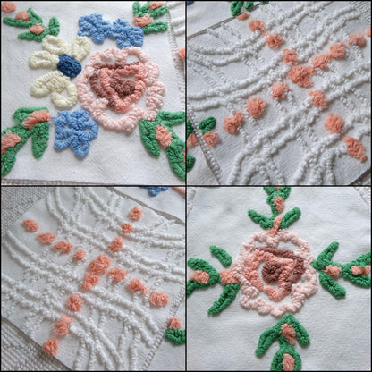 summer garden chenille fabric squares, set of 6 vintage 7.5" quilt blocks, peach, white rose floral & geometric for sewing, crafts, quilting