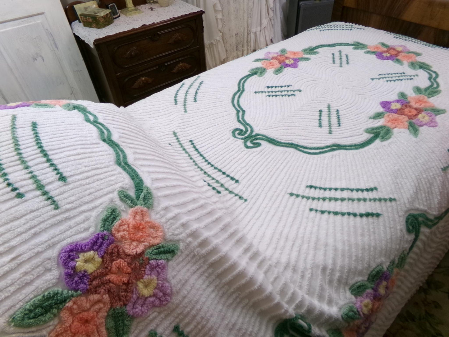 Cottage Getaway Vintage Chenille Bedspread, Green Accents & Colorful Florals on White Cotton, FULL Size Summer Shabby Chic Bedding
