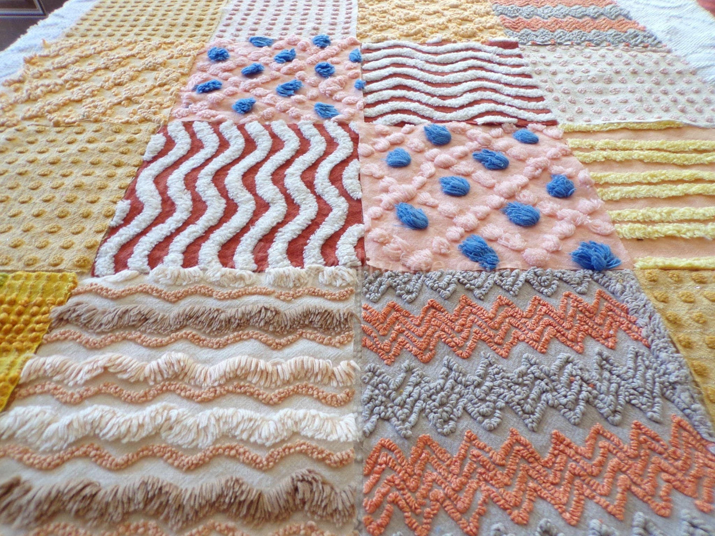 Southwestern Sunrise Chenille Quilt Squares Set from Vintage Bedspread Fabric, 16 Blocks, 6" x 6" inches each, Earthtones