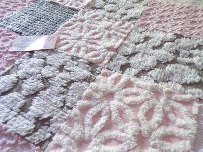 modern pink & grey chenille fabric squares, set of 16 vintage 6" quilt blocks for sewing, quilting, fiber arts