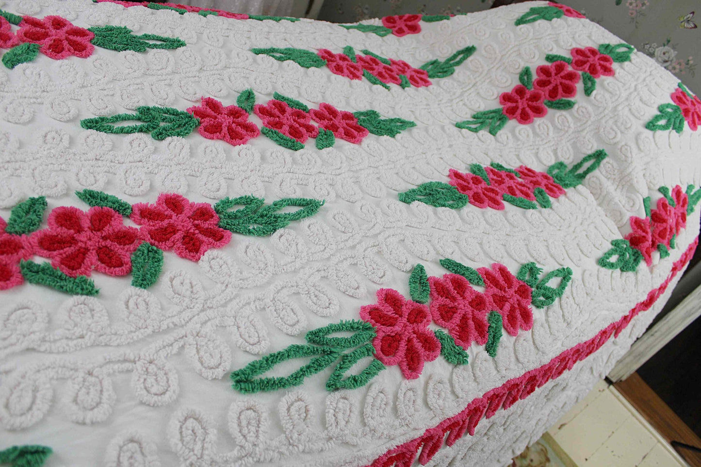 Vintage Chenille Bedspread, Raining Roses on Plush White, Full Size