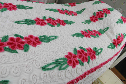 Vintage Chenille Bedspread, Raining Roses on Plush White, Full Size