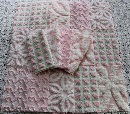 fairy pink chenille fabric squares, cottage rosebud & daisy, 16 vintage quilt blocks 6" x 6" inch, for patchwork pillows, quilting, crafts