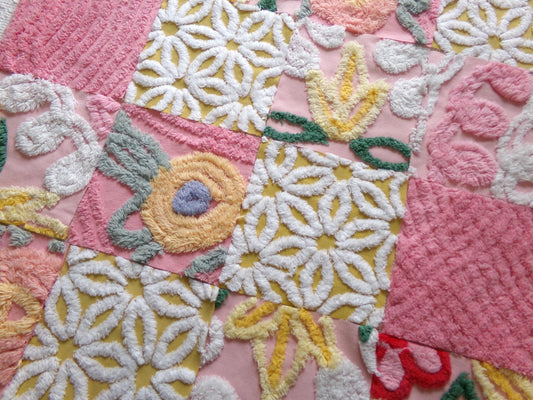 vintage chenille fabric squares, "autumn sunrise" set of 16 golden pink floral 6" quilt blocks for quilting, crafts, sewing