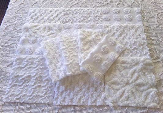 cherub feathers white chenille fabric squares, cut from vintage chenille bedspreads in popular patterns, set of 16 quilt blocks, 6" inch ea