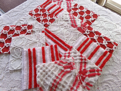 candy canes chenille fabric squares, red & white vintage craft square set of 16 blocks, 6" x 6" inch, great for Christmas stockings