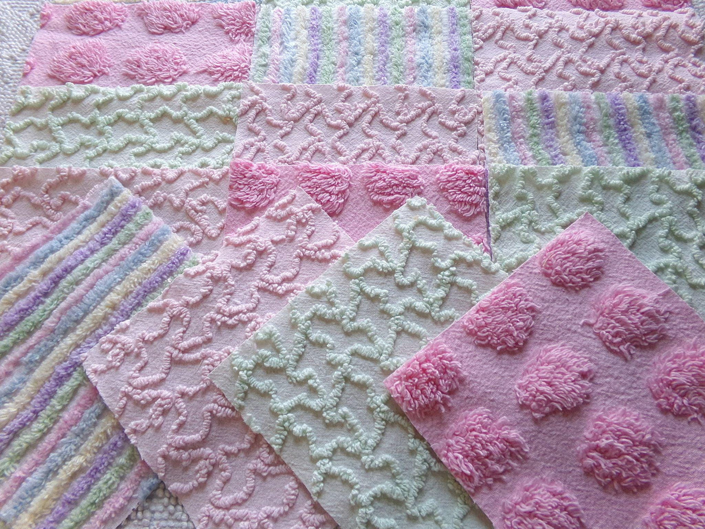 enchanted rainbow chenille fabric squares, set of 16 vintage pink & green quilt blocks 6" ea, rosebud, squiggles for crafts, quilting