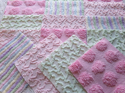 enchanted rainbow chenille fabric squares, set of 16 vintage pink & green quilt blocks 6" ea, rosebud, squiggles for crafts, quilting