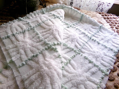 Popular Vintage Chenille Quilt Fabric, Mint Green Pearl Pops & White Spider Rings, 25" x 18" inch Piece