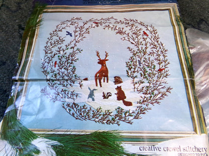 WOODLAND WATCH Vintage Crewel Embroidery Kit, Whimsical Winter Wonderland Nature Scene, Paragon Needlecraft 0615, Polly Gottfried