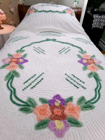 Cottage Getaway Vintage Chenille Bedspread, Green Accents & Colorful Florals on White Cotton, FULL Size Summer Shabby Chic Bedding