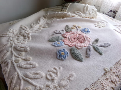 shabby chic chenille fabric, lovely needletuft rose floral design, 21" x 21" inch piece of vintage sewing material great for a pillow cover