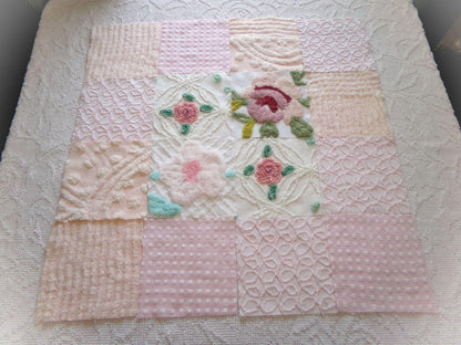 fairy flowers chenille fabric squares, set of 16 vintage craft quilt blocks 6" inches ea, soft pink, peach & floral