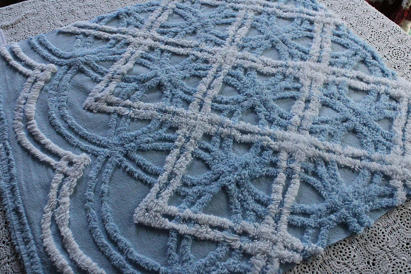 Breezy Coastal Vintage Style Chenille Fabric, 21" x 22" Inch Piece, Plush Sky Blue & White Geometric
