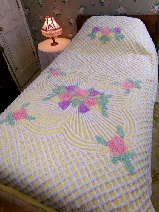 just joyful vintage chenille bedspread in cheery yellow with springtime flowers, full size bedding, 100% quality cotton