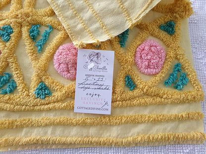 fairytale rose vintage chenille material, lovely quilt fabric, or for pillows, wall hangings, 15" x 23" piece, golden yellow & pink roses