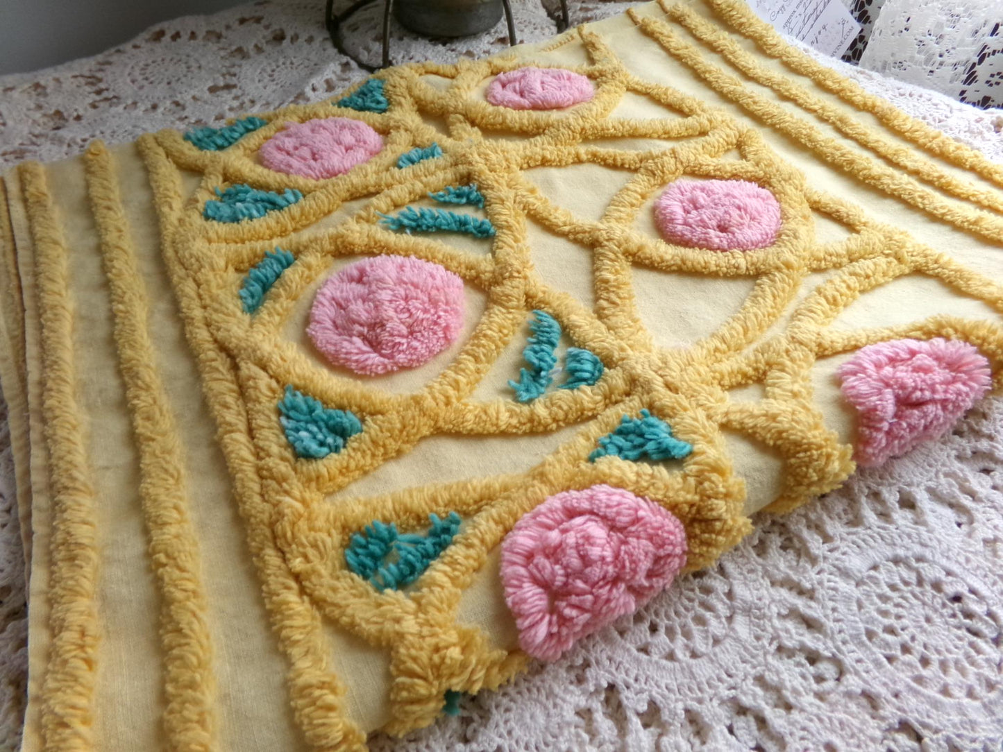 fairytale rose vintage chenille material, lovely quilt fabric, or for pillows, wall hangings, 15" x 23" piece, golden yellow & pink roses