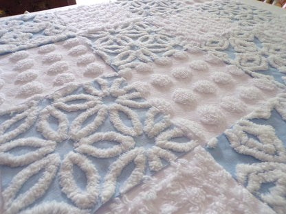Coastal Classics Quilt Squares Set, from Vintage Chenille Bedspread Fabric, 16 Blocks, 6" x 6" inch, Fluffy Plush Blue & White
