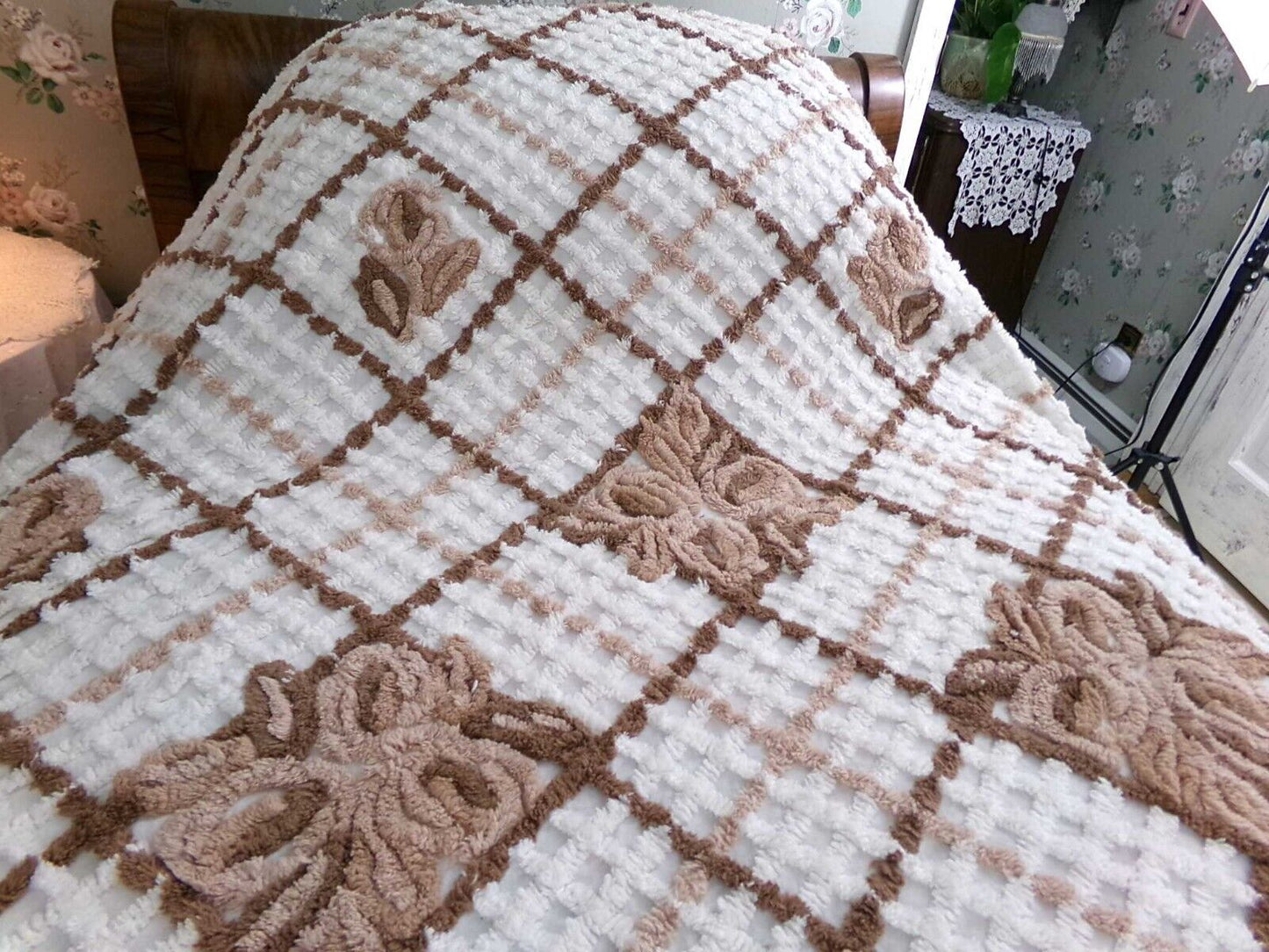 Vintage full size chenille bedspread, chocolate brown roses, boxed & fitted design