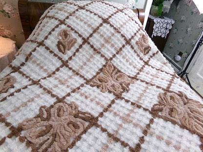 Vintage full size chenille bedspread, chocolate brown roses, boxed & fitted design