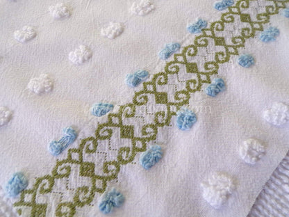 abstract blue rosebud vintage chenille fabric piece in climbing green ivy design with white pops, 26" x 22" piece of craft & quilt material