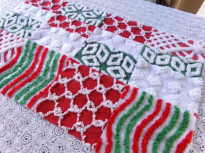 Christmas chenille fabric squares, red, white & green, 16 vintage quilt blocks 6" x 6" inch, for xmas stockings, pillows, quilting, crafts