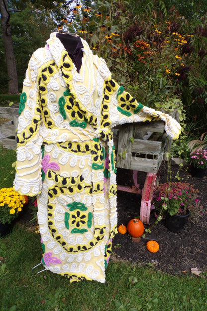 Plus Size Chenille Robe, Rise 'n Shine, XL XXL Bathrobe with Sculpted Cake Frosting Florals in Black & Sunny Yellow, Art to Wear