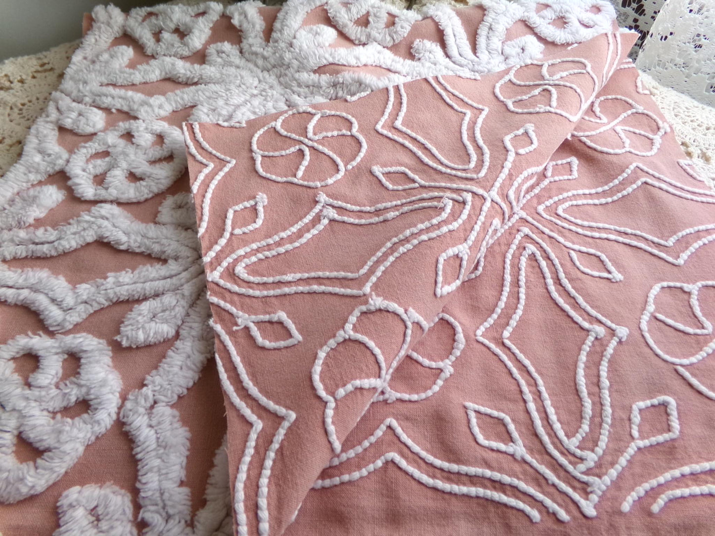 plush snowflake pinwheel vintage chenille fabric, antique sewing material, 15" x 28" inch piece