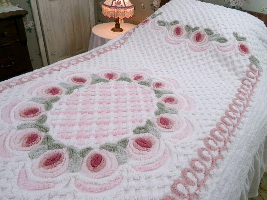 vintage chenille bedspread, pink rose english garden floral design, soft white cotton twin size bedding in a fitted design with ruffle skirt