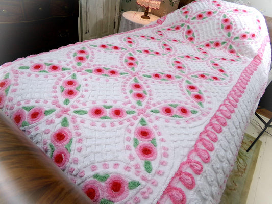 shabby romantic roses vintage chenille bedspread, lush pink & white swirl curlicues, twin size cotton coverlet