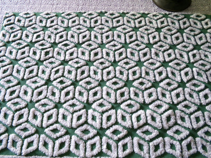 Forest Green Snowflakes Vintage Chenille Material, 18" x 25" inch Fabric Piece, 100% Cotton, Geometric Wedge White Snowflake Design
