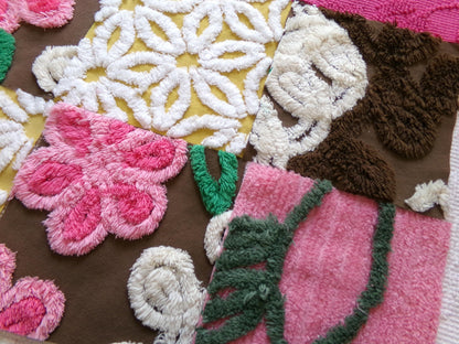 vintage chenille fabric squares, "fairy trail" set of 16 chocolate & pink 6" quilt blocks for quilting, crafts, sewing