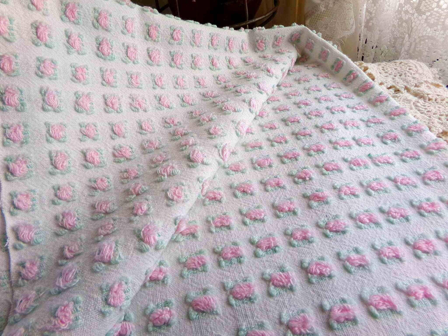 Tiny Tuft Pink Rosebud Vintage Chenille Fabric, 19" x 24" Inch Piece, 100% Lightweight Cotton, Lovely Mini Roses Pattern, Ideal in Quilts