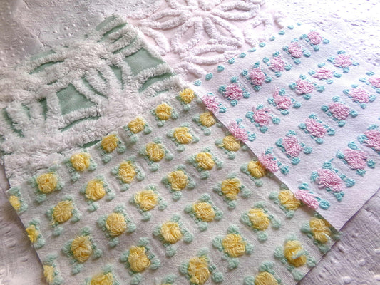 spring medley vintage chenille fabric squares, set of 16 pretty 6" quilt blocks, yellow & pink rosebud, daisy flower, white, mint green