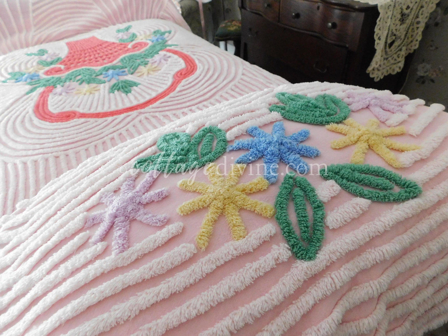shabby girl pink vintage chenille bedspread, large flower basket & white swirls, full size summery cotton bedding