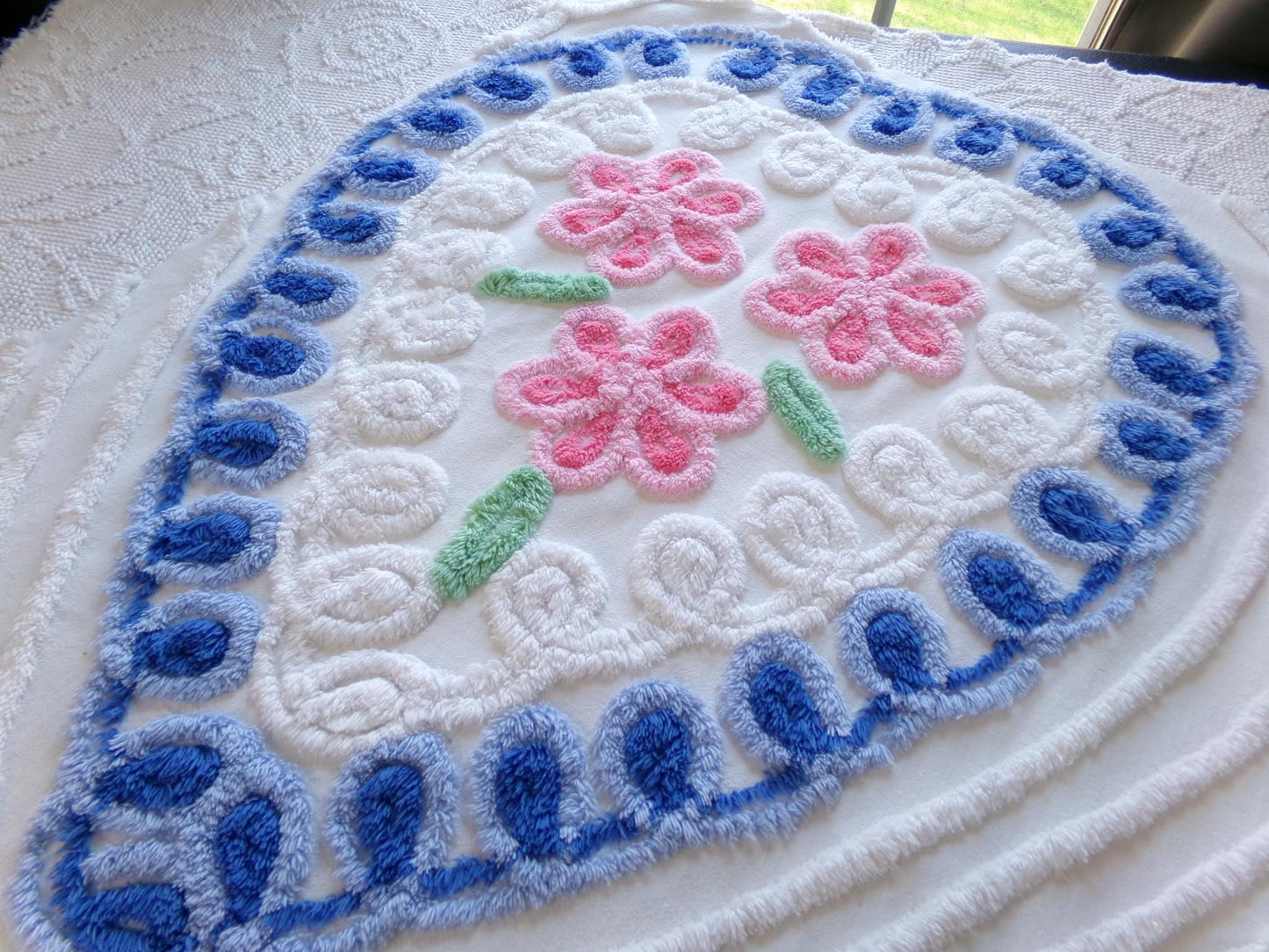 sweet 'n shabby vintage chenille fabric, pink & blue rose heart design, 24" x 25" piece of sewing material