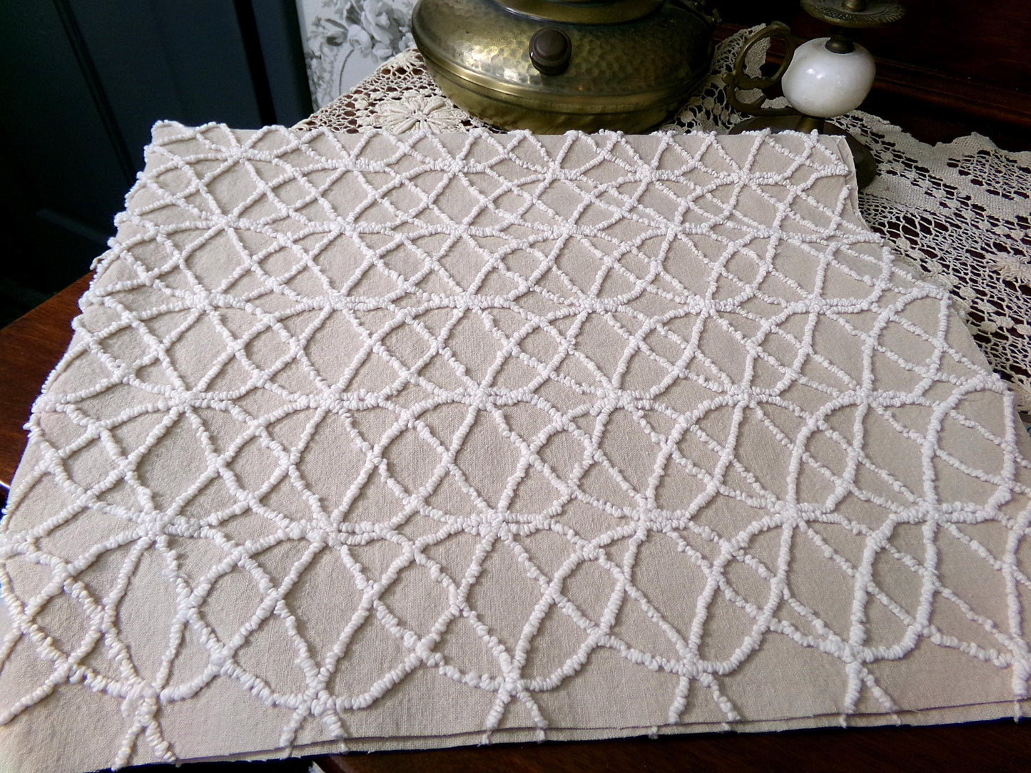 Cafe Mocha Vintage Chenille Fabric, Skinny Tuft Illusion Design, 18" x 24" Piece Quilt Material