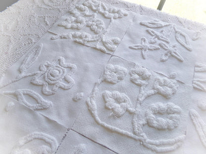 Vintage Chenille Fabric Squares in Winter Garden White Florals from Vintage Bedspread Fabric, Set of 16 Quilt Blocks, 6" x 6" inch