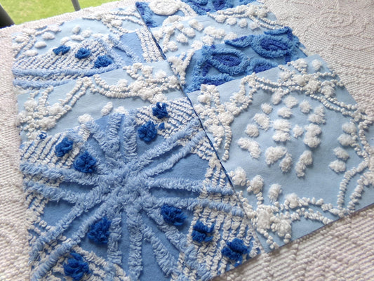 starry mystic chenille fabric squares, set of 8 vintage 7.5" quilt blocks, twilight blue & white, for sewing, crafts, quilting