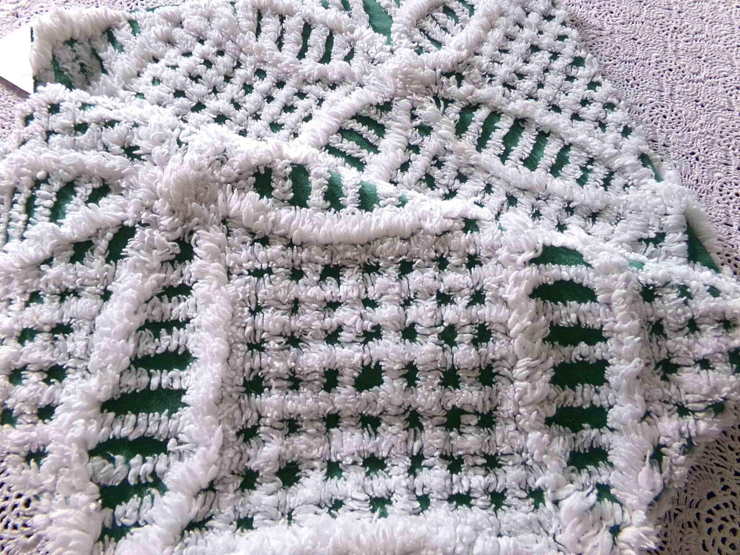 Rich Green Vintage Chenille Fabric, 20" x 24" inch Piece, Plush White Wedding Ring Geometric Design