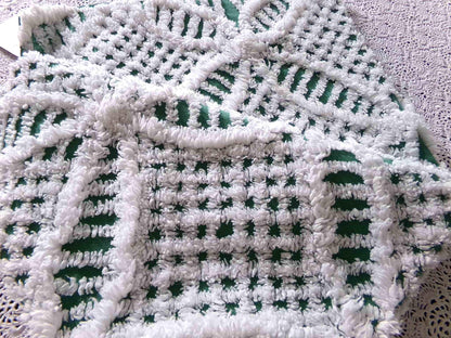 Rich Green Vintage Chenille Fabric, 20" x 24" inch Piece, Plush White Wedding Ring Geometric Design