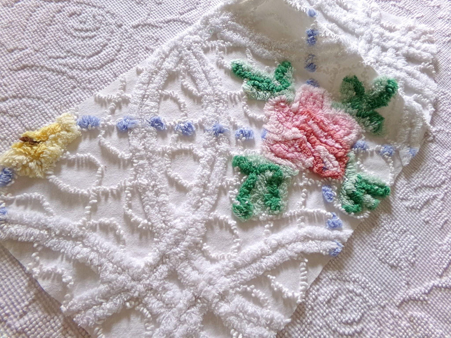 pretty pink rose fabric piece, vintage floral chenille cottage shabby sewing material, 11" x 22" inches