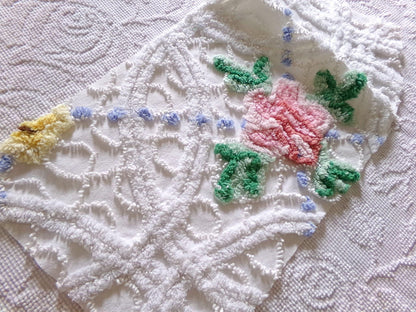 pretty pink rose fabric piece, vintage floral chenille cottage shabby sewing material, 11" x 22" inches