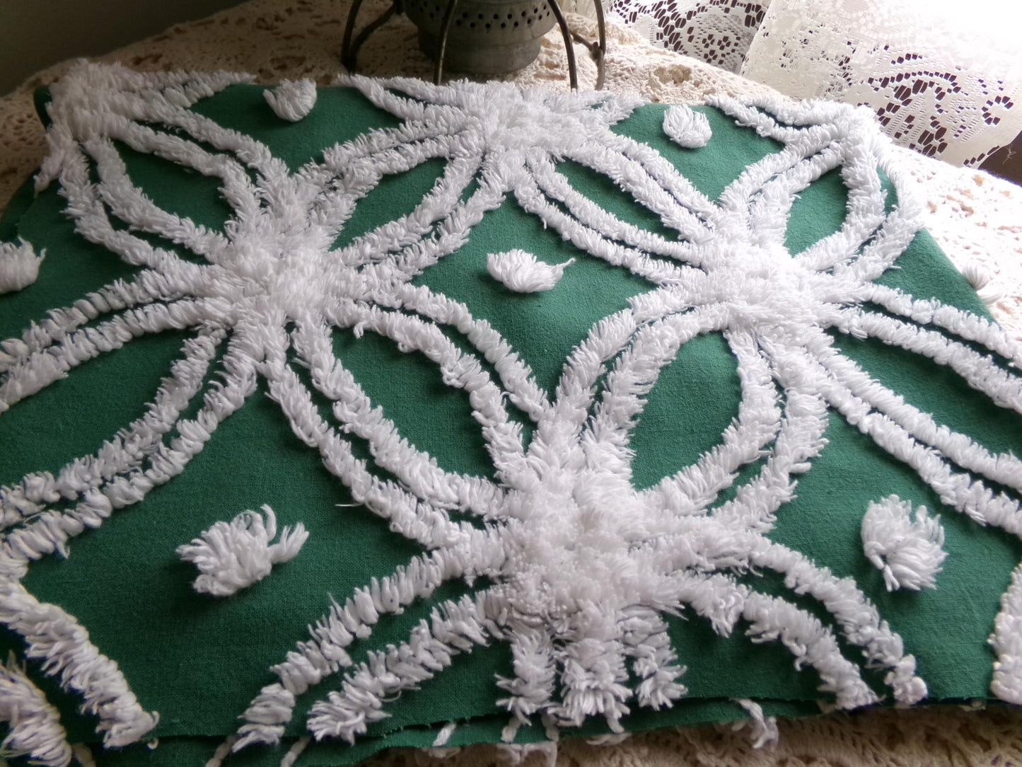gorgeous green vintage chenille fabric, tufted white wedding rings, fluffy dots on evergreen, 20"x 27" inch piece of quilt & sewing material