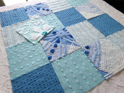 mermaid kisses chenille fabric squares, set of 17 vintage blue & aqua 6" craft blocks, chic designs for quilt inlays, pillows, fiber arts